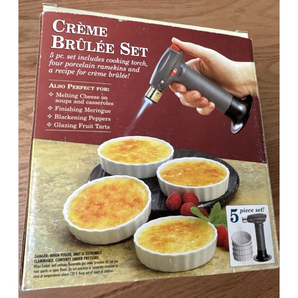 Creme Brulee Set Of 4 White Ramekins & Cooking Torch Cheese Meringue‎ NEW NIB